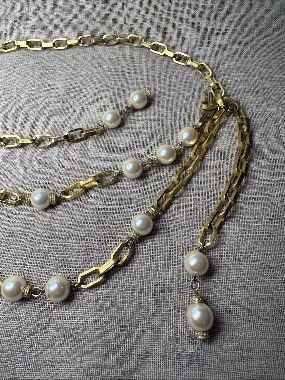 Vintage 80s Gold Chain Belt Faux Pearl Swag Link Boho Adjustable Necklace - Picture 8 of 10